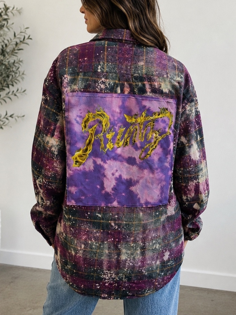 Runtz Worldwide upcycled custom flannel shirt purple graphic tee on back bespoke